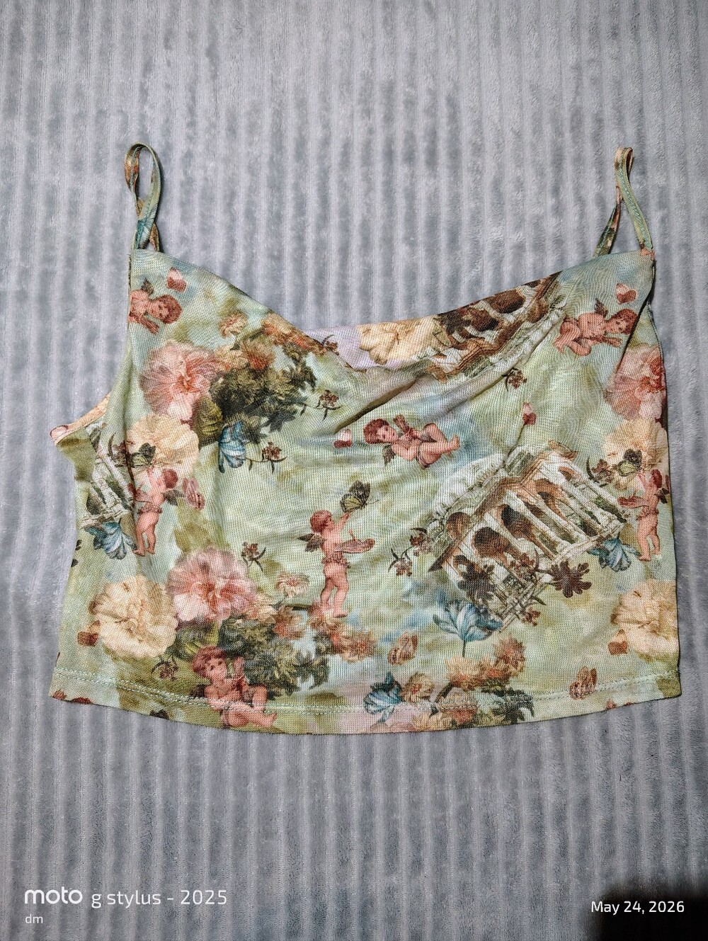Angel Cherub Print Mesh Cowl Neck Cami Crop Top